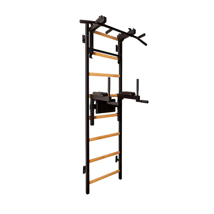 BenchK 232 B/W - Series 2 - BenchK wall bars with a convertible steel 6-grip pull-up bar that can also be used as a barbell holder, and a dip bar with back support - Home Gyms HQ - 