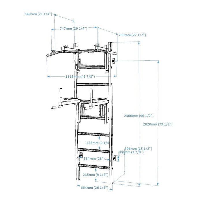 BenchK 232 B/W - Series 2 - BenchK wall bars with a convertible steel 6-grip pull-up bar that can also be used as a barbell holder, and a dip bar with back support - Home Gyms HQ - 