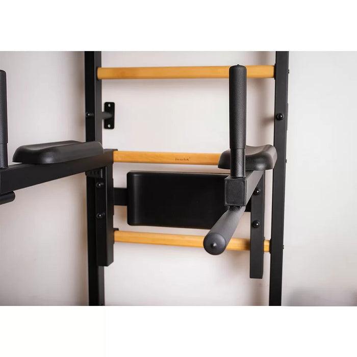 BenchK 232 B/W - Series 2 - BenchK wall bars with a convertible steel 6-grip pull-up bar that can also be used as a barbell holder, and a dip bar with back support - Home Gyms HQ - 
