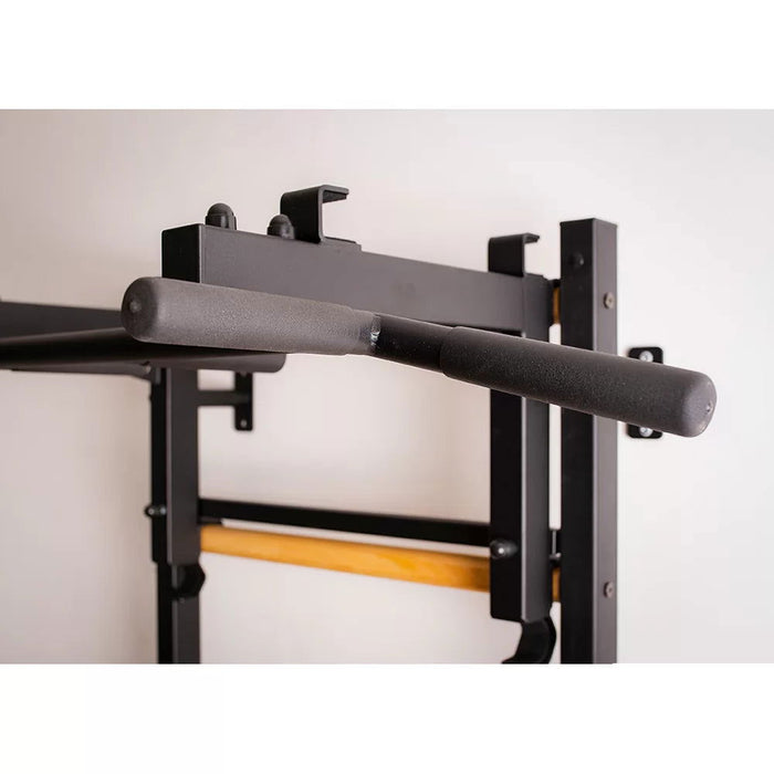 BenchK 232 B/W - Series 2 - BenchK wall bars with a convertible steel 6-grip pull-up bar that can also be used as a barbell holder, and a dip bar with back support - Home Gyms HQ - 