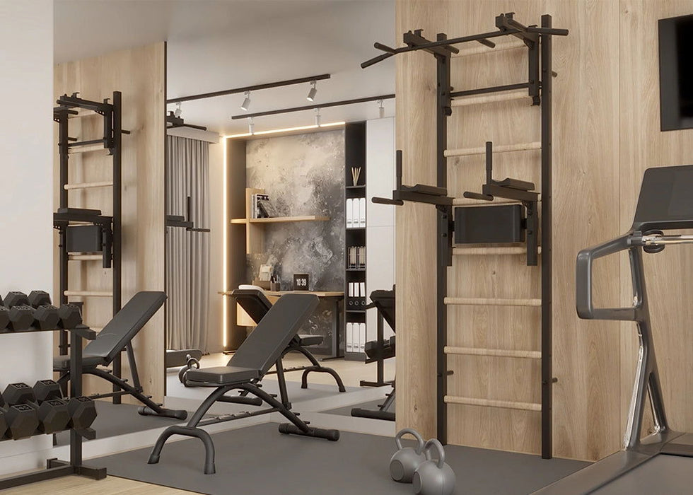 BenchK 232 B/W - Series 2 - BenchK wall bars with a convertible steel 6-grip pull-up bar that can also be used as a barbell holder, and a dip bar with back support - Home Gyms HQ - 