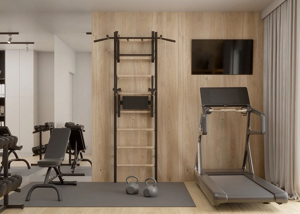 BenchK 232 B/W - Series 2 - BenchK wall bars with a convertible steel 6-grip pull-up bar that can also be used as a barbell holder, and a dip bar with back support - Home Gyms HQ - 