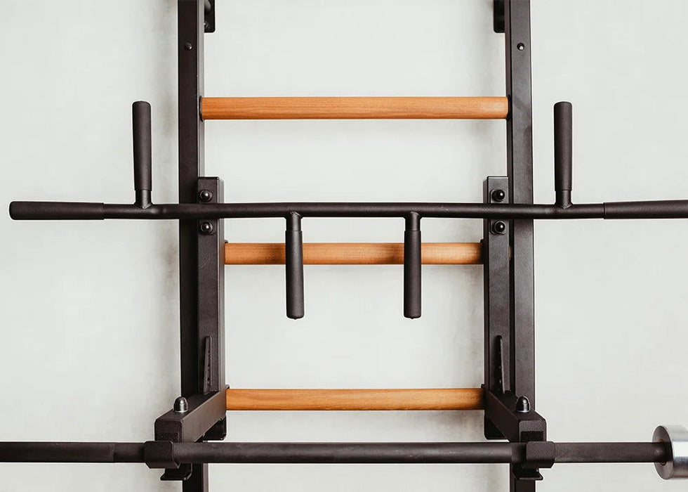 BenchK 232 B/W - Series 2 - BenchK wall bars with a convertible steel 6-grip pull-up bar that can also be used as a barbell holder, and a dip bar with back support - Home Gyms HQ - 
