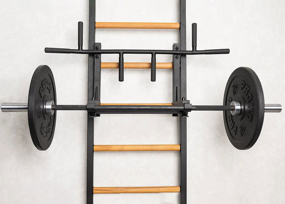 BenchK 232 B/W - Series 2 - BenchK wall bars with a convertible steel 6-grip pull-up bar that can also be used as a barbell holder, and a dip bar with back support - Home Gyms HQ - 
