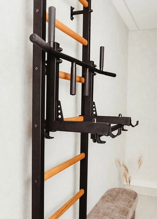 BenchK 232 B/W - Series 2 - BenchK wall bars with a convertible steel 6-grip pull-up bar that can also be used as a barbell holder, and a dip bar with back support - Home Gyms HQ - 