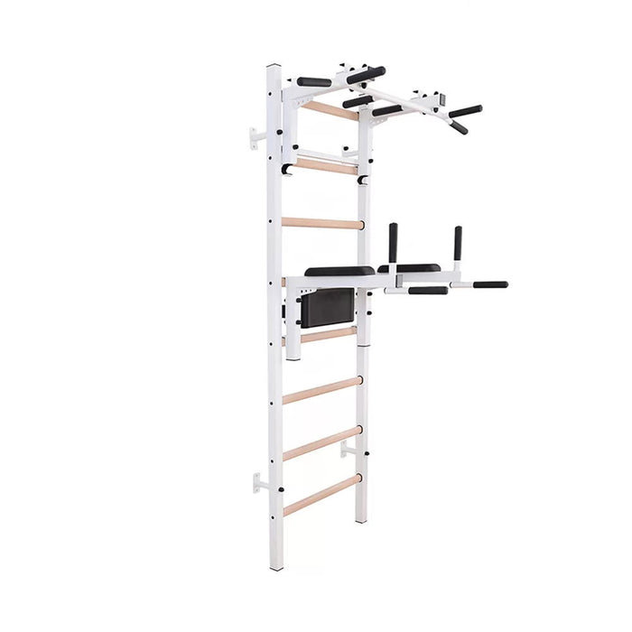 BenchK 232 B/W - Series 2 - BenchK wall bars with a convertible steel 6-grip pull-up bar that can also be used as a barbell holder, and a dip bar with back support - Home Gyms HQ - 