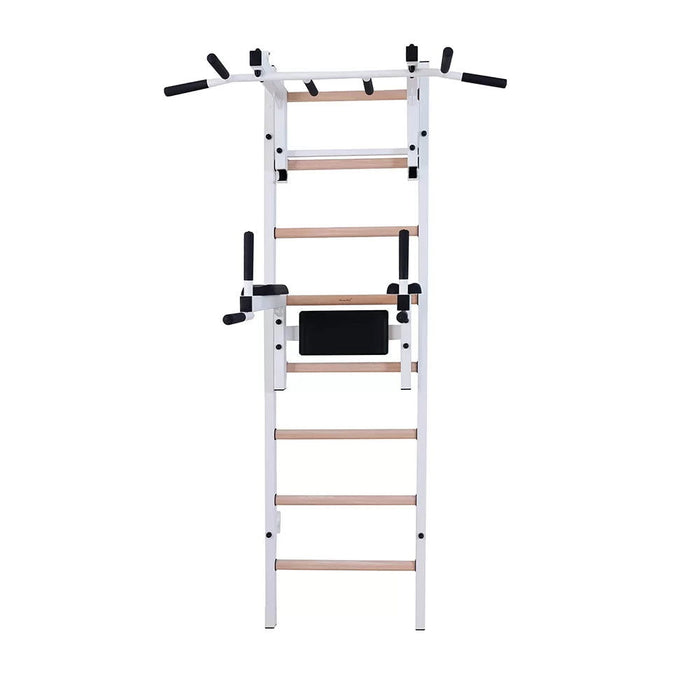BenchK 232 B/W - Series 2 - BenchK wall bars with a convertible steel 6-grip pull-up bar that can also be used as a barbell holder, and a dip bar with back support - Home Gyms HQ - 