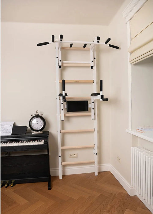 BenchK 232 B/W - Series 2 - BenchK wall bars with a convertible steel 6-grip pull-up bar that can also be used as a barbell holder, and a dip bar with back support - Home Gyms HQ - 