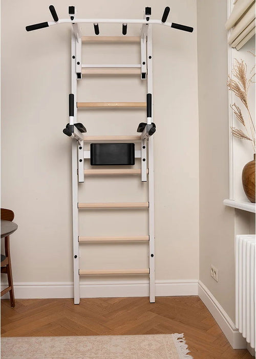 BenchK 232 B/W - Series 2 - BenchK wall bars with a convertible steel 6-grip pull-up bar that can also be used as a barbell holder, and a dip bar with back support - Home Gyms HQ - 