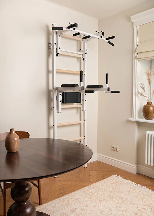BenchK 232 B/W - Series 2 - BenchK wall bars with a convertible steel 6-grip pull-up bar that can also be used as a barbell holder, and a dip bar with back support - Home Gyms HQ - 