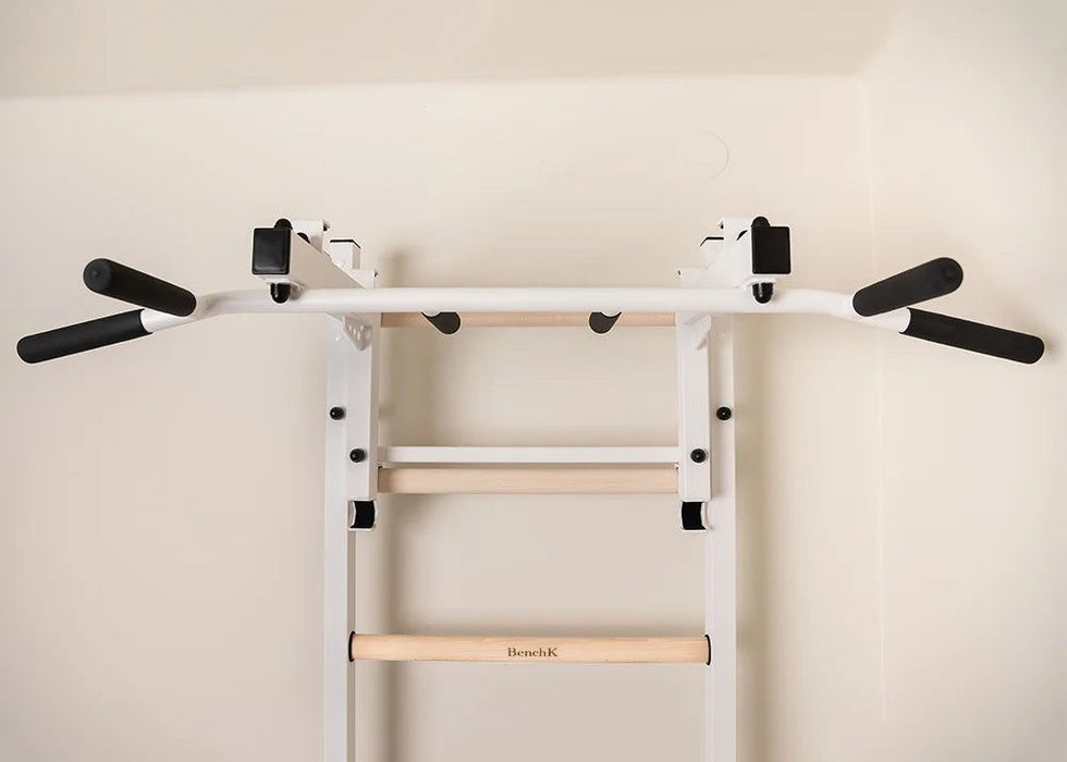 BenchK 232 B/W - Series 2 - BenchK wall bars with a convertible steel 6-grip pull-up bar that can also be used as a barbell holder, and a dip bar with back support - Home Gyms HQ - 