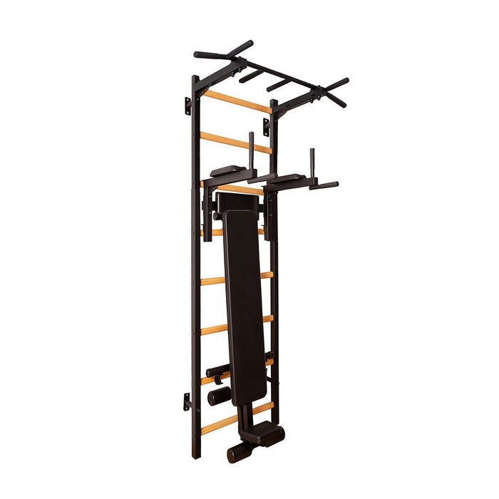 BenchK 223 B/W - Series 2 - BenchK wall bars with a fixed steel 6-grip pull-up bar, a dip bar with back support, and an advanced workout bench - Home Gyms HQ - 