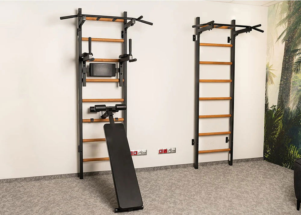 BenchK 223 B/W - Series 2 - BenchK wall bars with a fixed steel 6-grip pull-up bar, a dip bar with back support, and an advanced workout bench - Home Gyms HQ - 