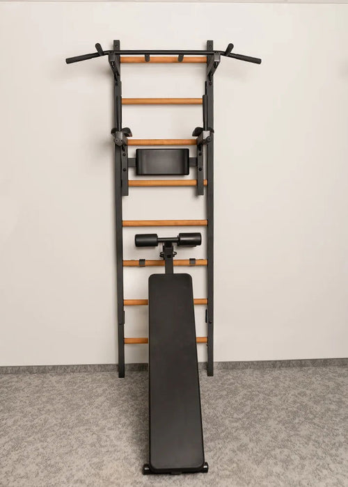 BenchK 223 B/W - Series 2 - BenchK wall bars with a fixed steel 6-grip pull-up bar, a dip bar with back support, and an advanced workout bench - Home Gyms HQ - 