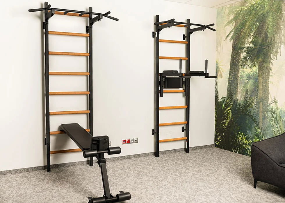 BenchK 223 B/W - Series 2 - BenchK wall bars with a fixed steel 6-grip pull-up bar, a dip bar with back support, and an advanced workout bench - Home Gyms HQ - 