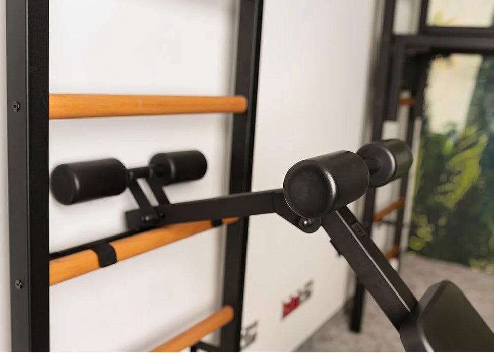 BenchK 223 B/W - Series 2 - BenchK wall bars with a fixed steel 6-grip pull-up bar, a dip bar with back support, and an advanced workout bench - Home Gyms HQ - 
