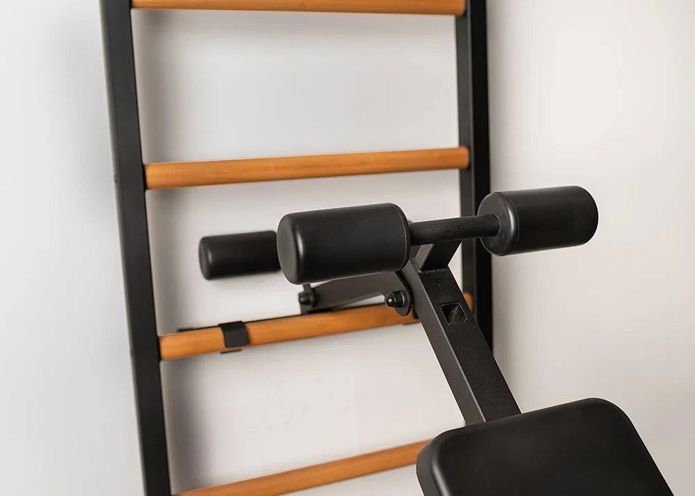 BenchK 223 B/W - Series 2 - BenchK wall bars with a fixed steel 6-grip pull-up bar, a dip bar with back support, and an advanced workout bench - Home Gyms HQ - 
