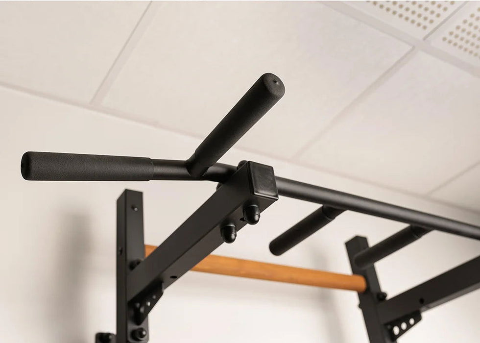 BenchK 223 B/W - Series 2 - BenchK wall bars with a fixed steel 6-grip pull-up bar, a dip bar with back support, and an advanced workout bench - Home Gyms HQ - 
