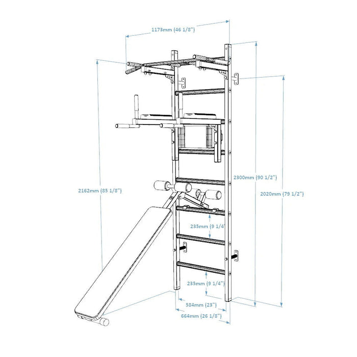 BenchK 223 B/W - Series 2 - BenchK wall bars with a fixed steel 6-grip pull-up bar, a dip bar with back support, and an advanced workout bench - Home Gyms HQ - 