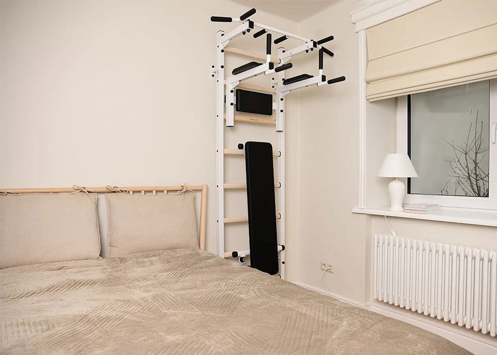 BenchK 223 B/W - Series 2 - BenchK wall bars with a fixed steel 6-grip pull-up bar, a dip bar with back support, and an advanced workout bench - Home Gyms HQ - 