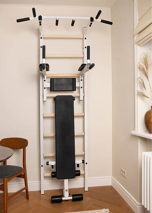 BenchK 223 B/W - Series 2 - BenchK wall bars with a fixed steel 6-grip pull-up bar, a dip bar with back support, and an advanced workout bench - Home Gyms HQ - 