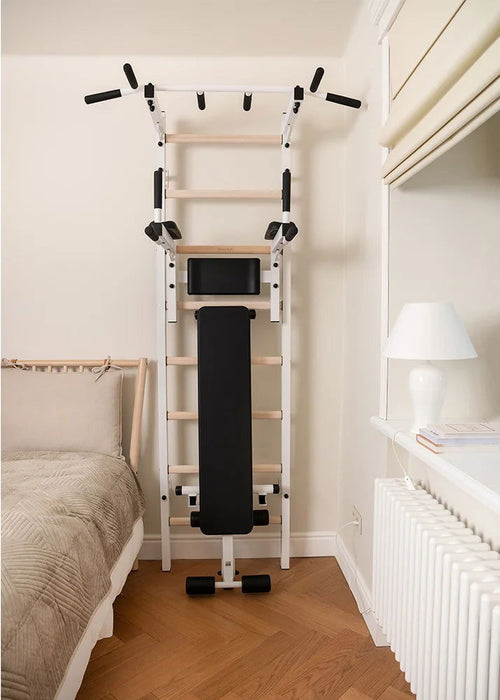 BenchK 223 B/W - Series 2 - BenchK wall bars with a fixed steel 6-grip pull-up bar, a dip bar with back support, and an advanced workout bench - Home Gyms HQ - 