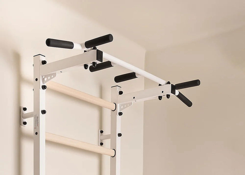 BenchK 223 B/W - Series 2 - BenchK wall bars with a fixed steel 6-grip pull-up bar, a dip bar with back support, and an advanced workout bench - Home Gyms HQ - 