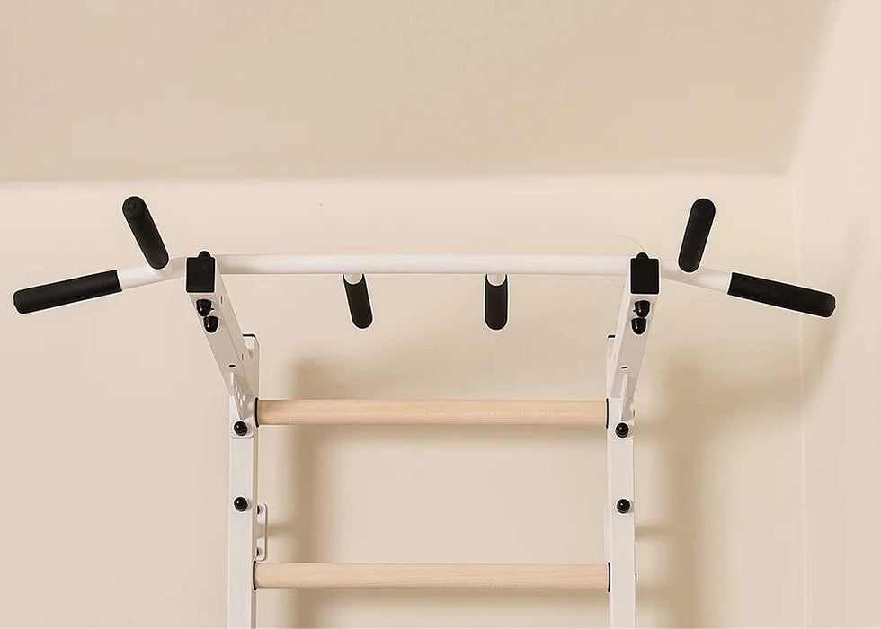 BenchK 223 B/W - Series 2 - BenchK wall bars with a fixed steel 6-grip pull-up bar, a dip bar with back support, and an advanced workout bench - Home Gyms HQ - 
