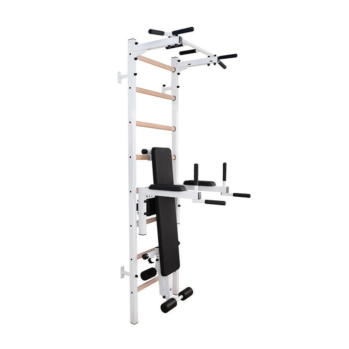 BenchK 223 B/W - Series 2 - BenchK wall bars with a fixed steel 6-grip pull-up bar, a dip bar with back support, and an advanced workout bench - Home Gyms HQ - 