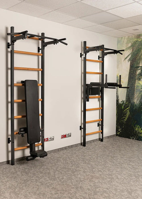 BenchK 222 B/W - Series 2 - BenchK wall bars with a fixed steel 6-grip pull-up bar, and a dip bar with back support - Home Gyms HQ - 