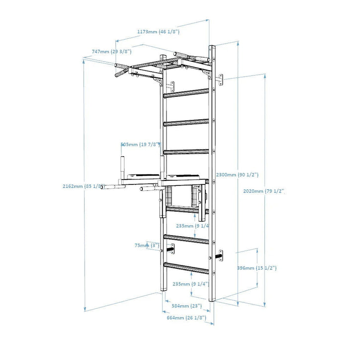 BenchK 222 B/W - Series 2 - BenchK wall bars with a fixed steel 6-grip pull-up bar, and a dip bar with back support - Home Gyms HQ - 