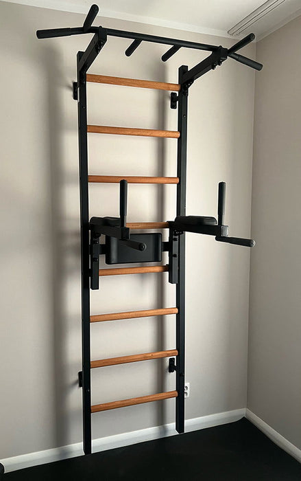 BenchK 222 B/W - Series 2 - BenchK wall bars with a fixed steel 6-grip pull-up bar, and a dip bar with back support - Home Gyms HQ - 