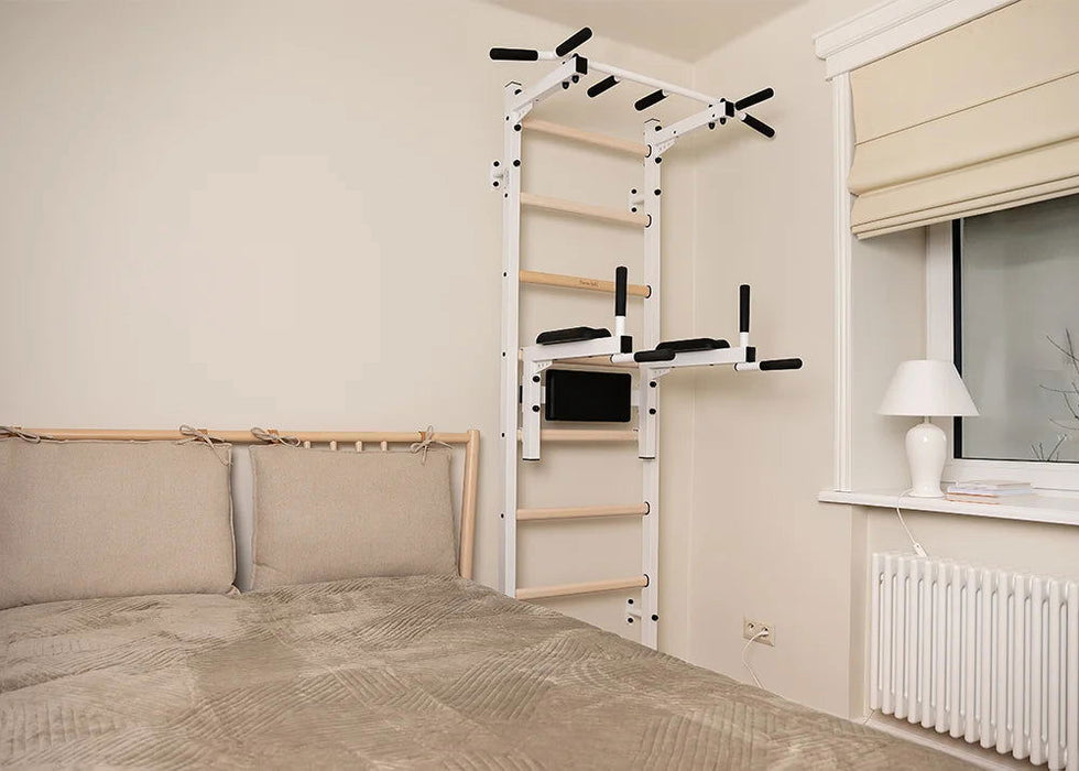 BenchK 222 B/W - Series 2 - BenchK wall bars with a fixed steel 6-grip pull-up bar, and a dip bar with back support - Home Gyms HQ - 