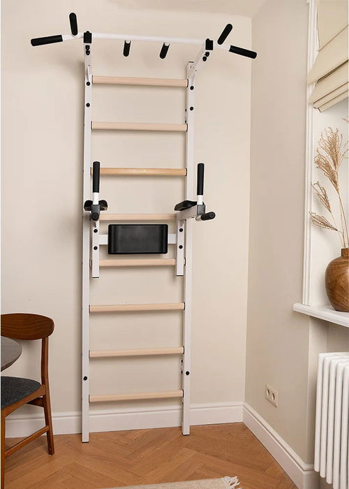 BenchK 222 B/W - Series 2 - BenchK wall bars with a fixed steel 6-grip pull-up bar, and a dip bar with back support - Home Gyms HQ - 