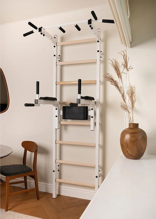 BenchK 222 B/W - Series 2 - BenchK wall bars with a fixed steel 6-grip pull-up bar, and a dip bar with back support - Home Gyms HQ - 