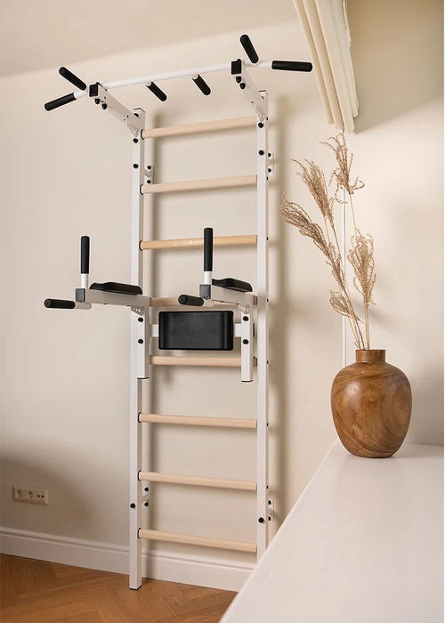 BenchK 222 B/W - Series 2 - BenchK wall bars with a fixed steel 6-grip pull-up bar, and a dip bar with back support - Home Gyms HQ - 