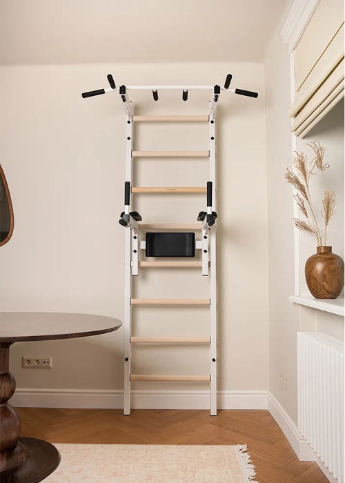 BenchK 222 B/W - Series 2 - BenchK wall bars with a fixed steel 6-grip pull-up bar, and a dip bar with back support - Home Gyms HQ - 