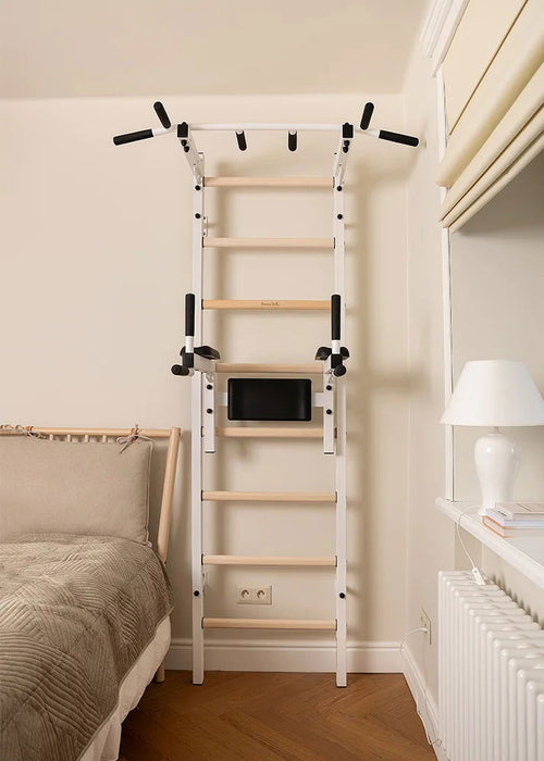 BenchK 222 B/W - Series 2 - BenchK wall bars with a fixed steel 6-grip pull-up bar, and a dip bar with back support - Home Gyms HQ - 